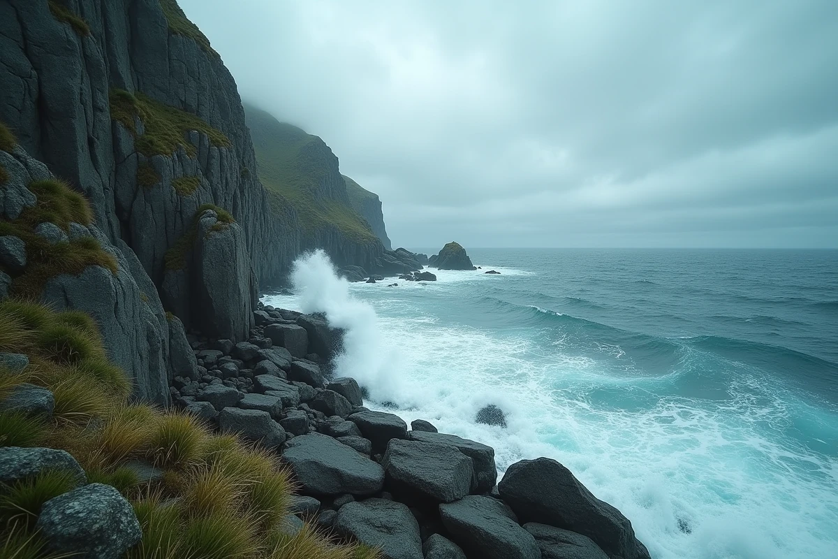 Falaises rocheuses battues par les vagues illustrant les contraintes naturelles de l'eau et de la géologie côtière