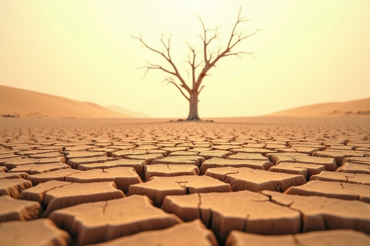 Sol désertique fissuré et arbre mort illustrant les contraintes naturelles de la sécheresse et de l'aridité