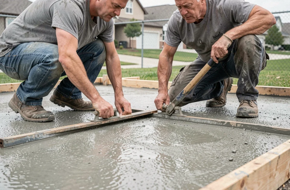 Ouvriers en train d'égaliser une dalle béton fraîchement coulée sur chantier de maison individuelle