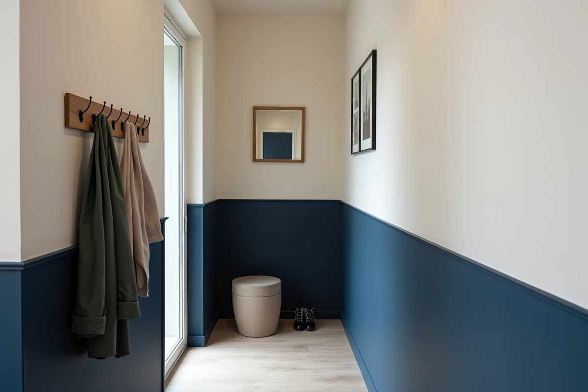 Couloir moderne fini avec peinture bicolore blanc cassé et bleu marine, effets de profondeur visuelle et décorations murales
