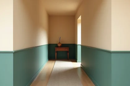 Couloir étroit peint en deux couleurs, beige en haut et vert sauge en bas, créant une illusion de profondeur avec une perspective fuyante