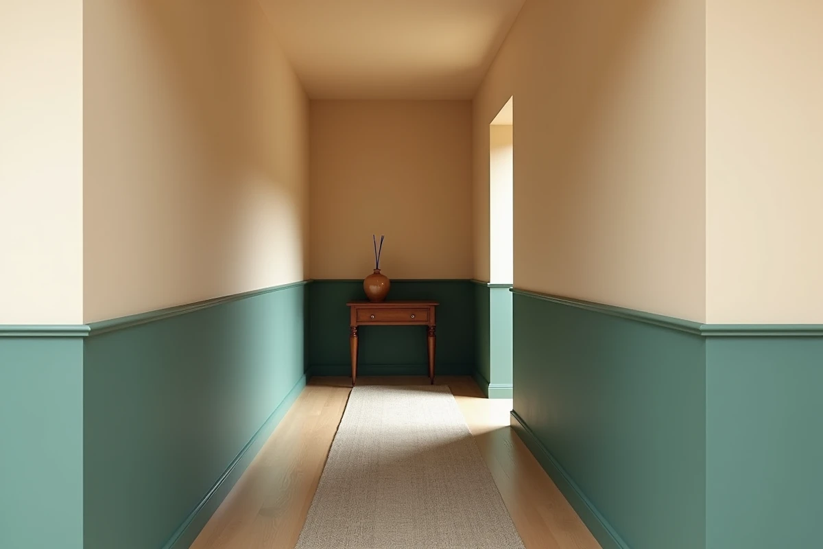 Couloir étroit peint en deux couleurs, beige en haut et vert sauge en bas, créant une illusion de profondeur avec une perspective fuyante