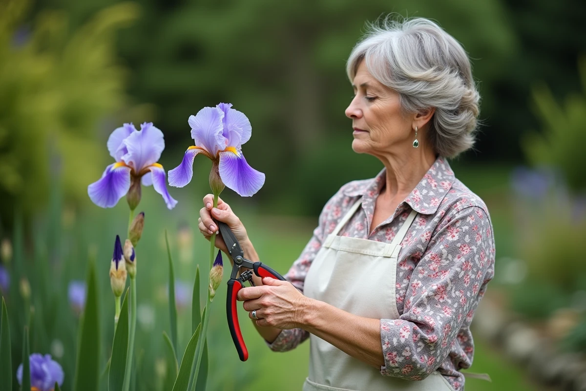 Femme qui coupe des fleurs de lys fanées dans un jardin avec un sécateur, iris violets en fin de floraison