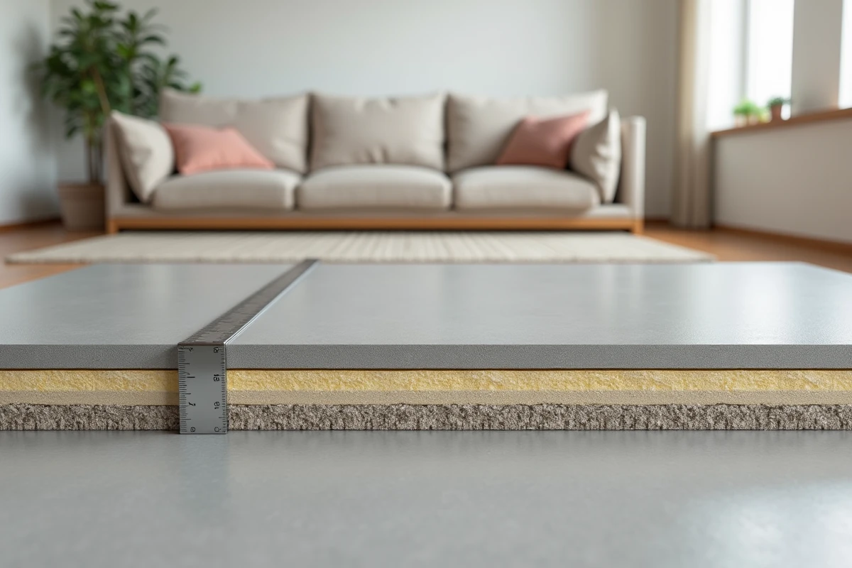 Coupe transversale des couches d'un plancher de maison passive avec surbot béton et isolation thermique