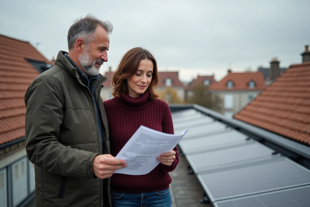 Couple consultant un rapport de bilan énergétique sur une toiture équipée de panneaux solaires photovoltaïques