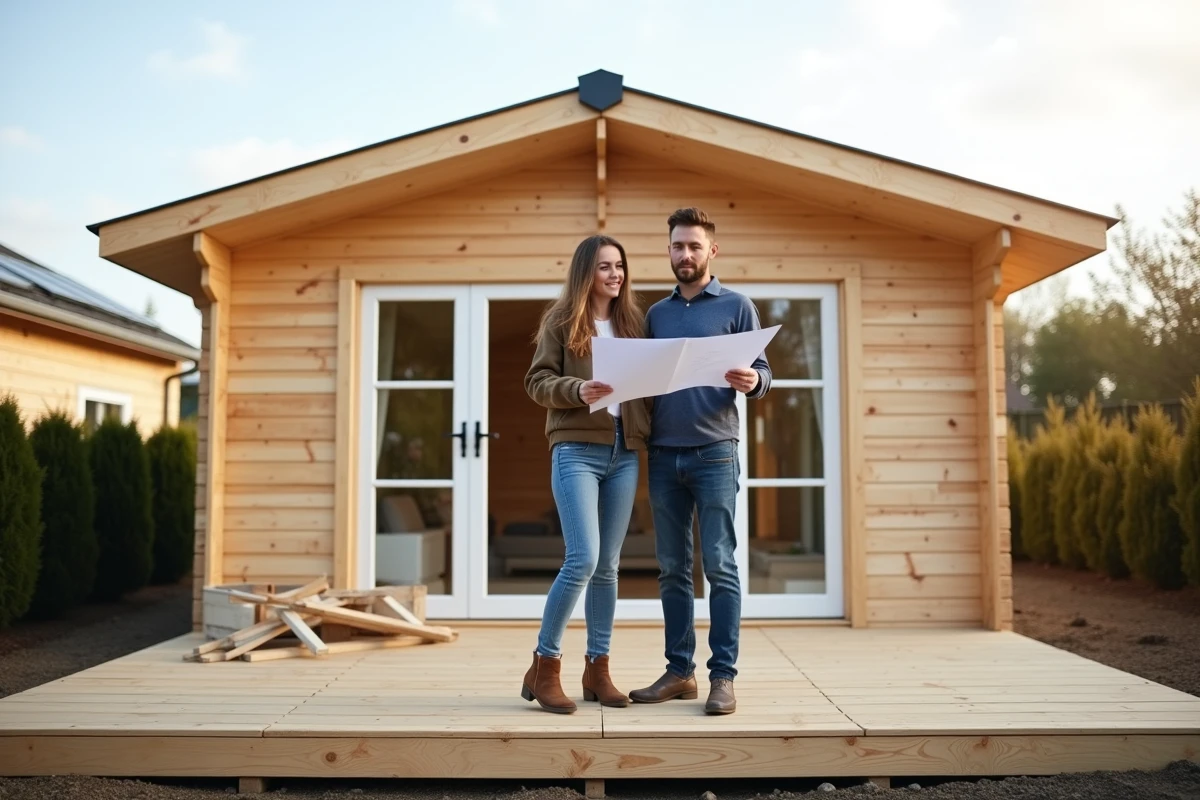 Couple consultant des plans devant leur nouveau petit chalet habitable en bois à bardage pin, terrasse en bois et porte vitrée