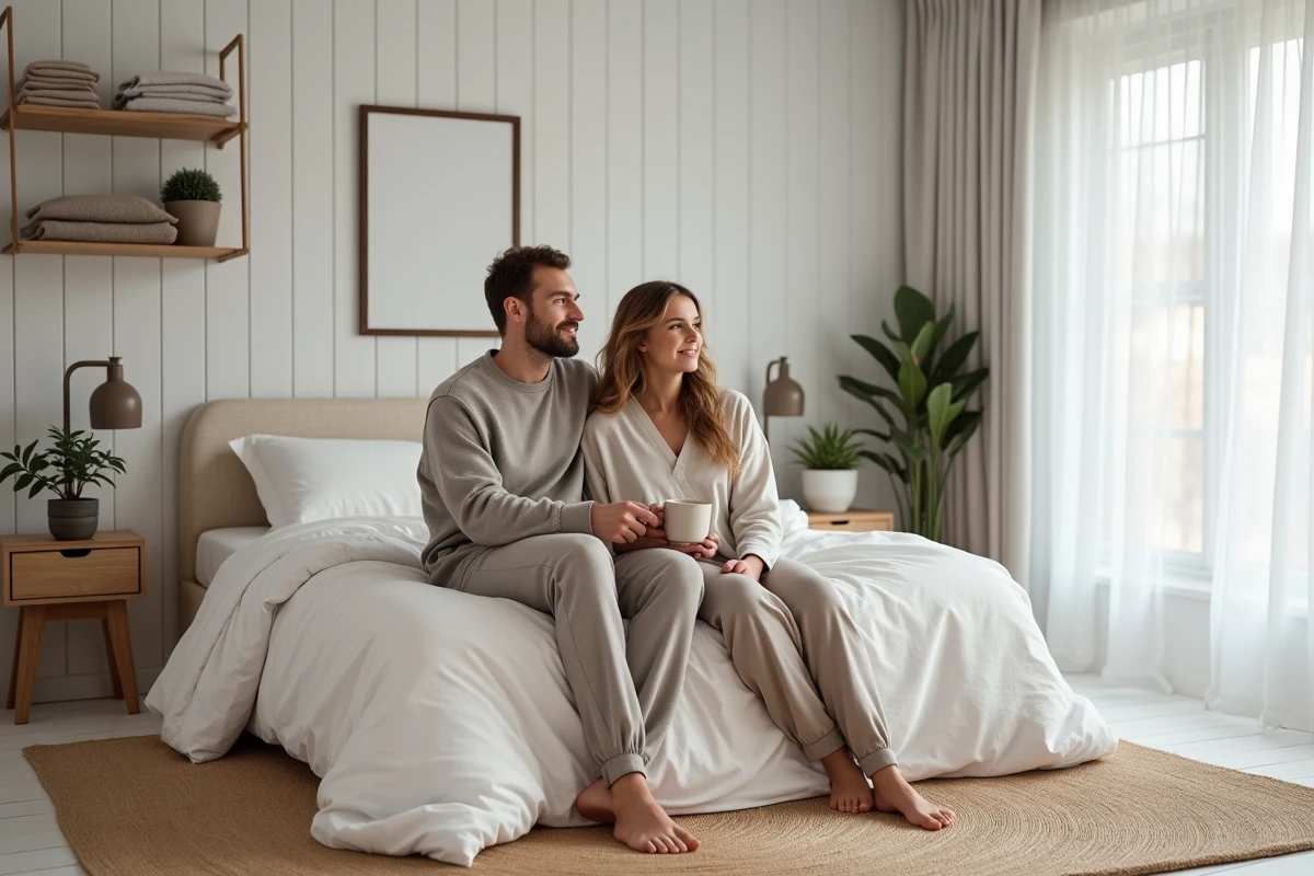 Couple détendu dans une chambre parentale lumineuse et minimaliste, ambiance chaleureuse et déco scandinave