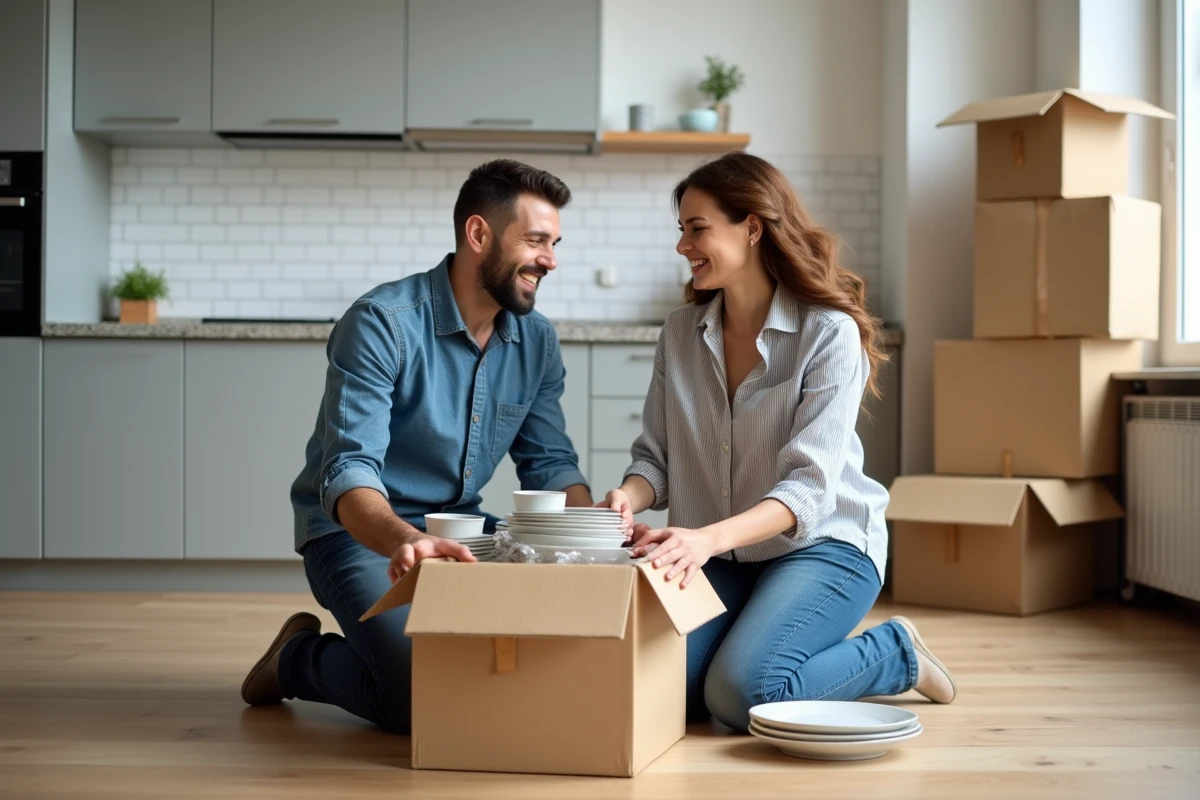 Couple déballant leur vaisselle dans leur nouvelle cuisine lors d'un emménagement réussi