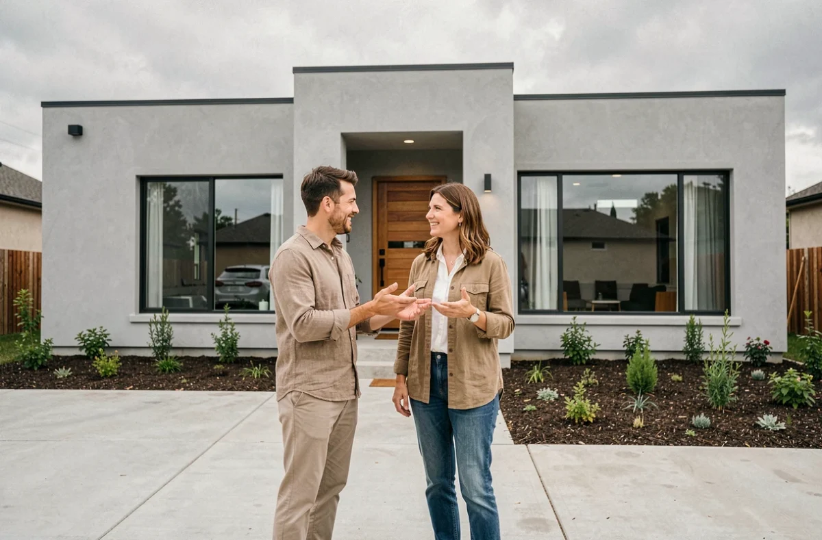Couple devant leur nouvelle maison clé en main contemporaine avec façade grise et jardin aménagé