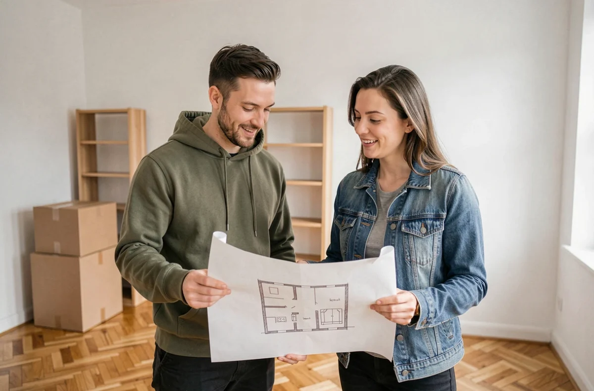 Couple consultant un plan d'aménagement dans un appartement vide lors d'un déménagement