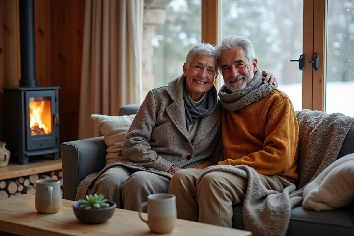 Couple se réchauffant sous des couvertures en laine près d'un poêle à granulés dans un salon scandinave, alternative au chauffage central en hiver