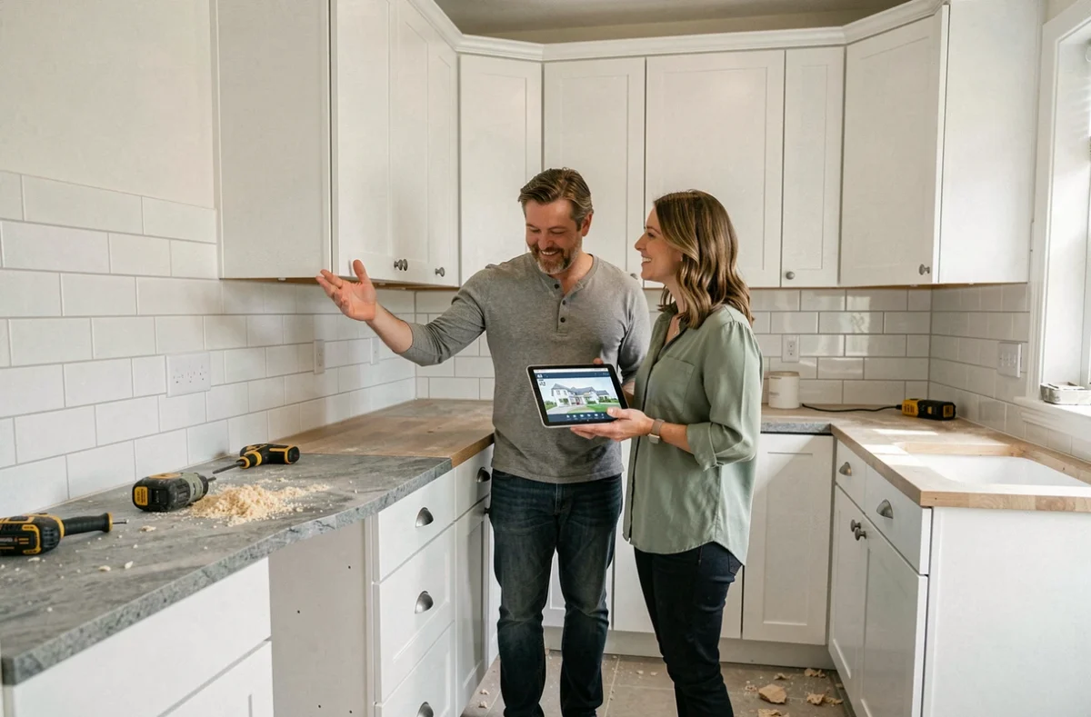 Couple supervisant la rénovation de leur cuisine avec une application de design sur tablette