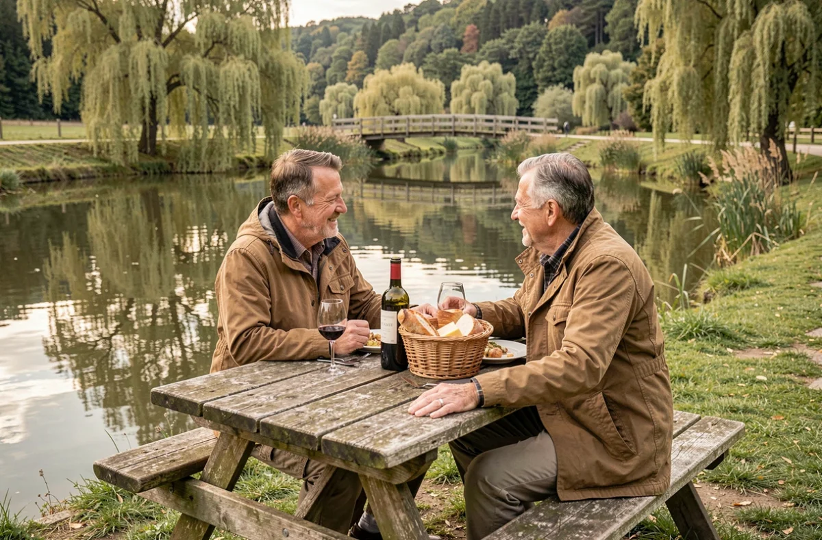 Couple partageant un repas en plein air au bord d'un étang paisible dans le domaine naturel de Bois d'Ormes en Bourgogne