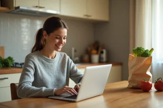 Femme faisant ses courses en ligne sur Carrefour depuis sa cuisine avec un laptop et des produits livrés sur la table