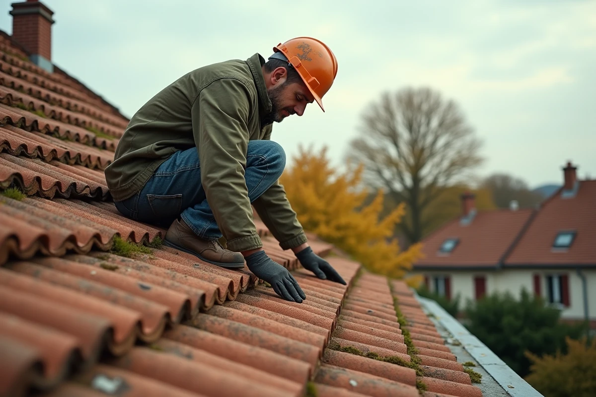 Couvreur inspectant des tuiles en terre cuite abîmées sur un toit en pente lors d'une journée d'automne, idéal pour illustrer le moment de refaire une toiture