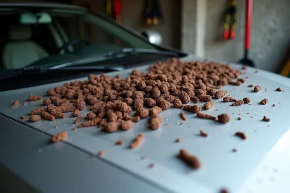 Crottes de fouine sur le capot d'une voiture garée dans un garage suburban, vue rapprochée montrant les déjections brunes sur la carrosserie argentée