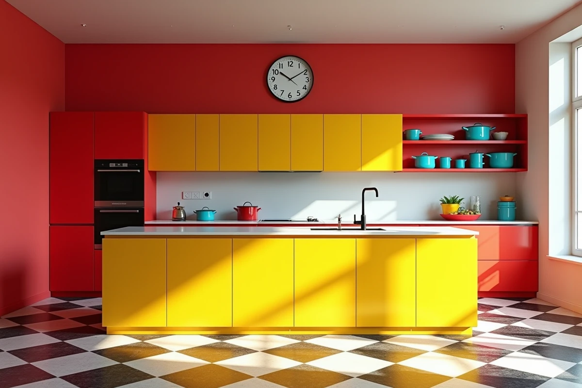 Cuisine moderne décorée en style pop design avec armoires rouges, îlot jaune et sol en damier noir et blanc