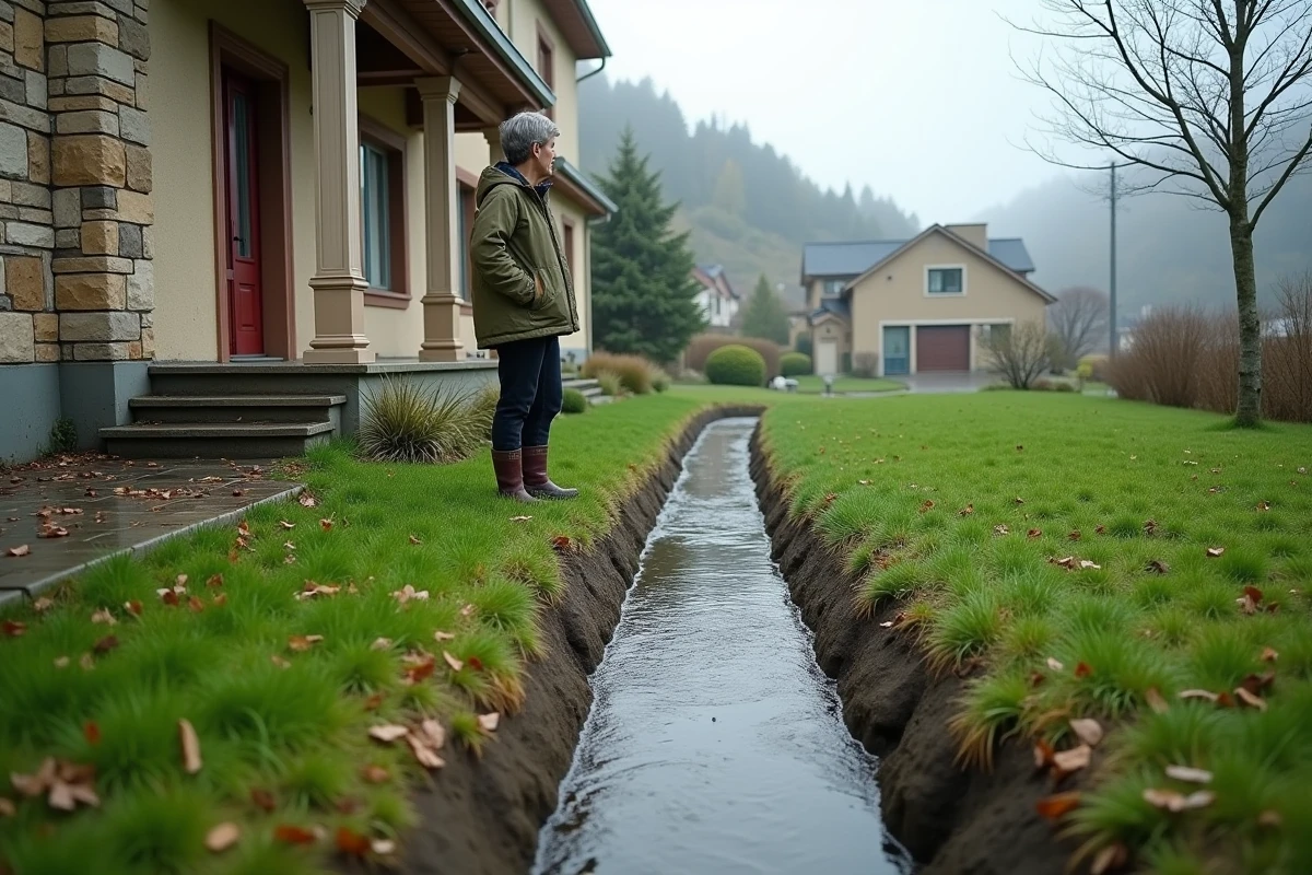 Cunette de drainage en béton sur terrain en pente autour d'une maison dirigeant l'eau de ruissellement vers la rue