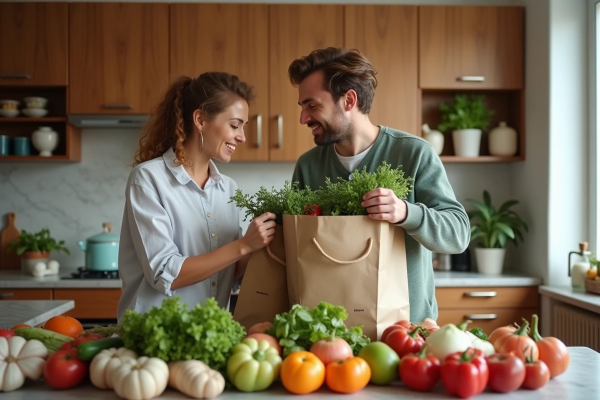 Couple déballant ensemble des courses livrées par Carrefour dans une cuisine familiale moderne