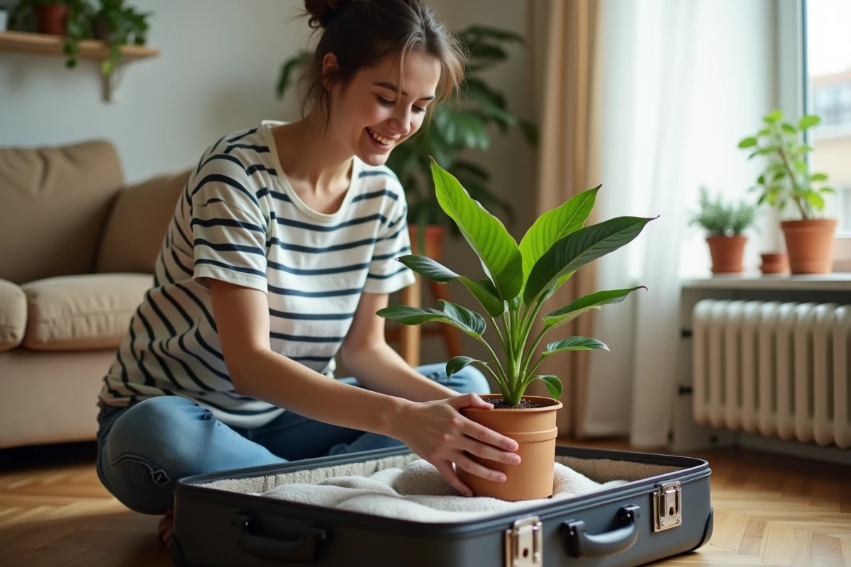 Jeune femme déballant une plante rapportée de voyage depuis sa valise dans son appartement
