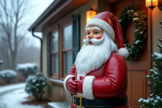 Décoration extérieure père Noël résistante en résine sur un porche enneigé sous la pluie