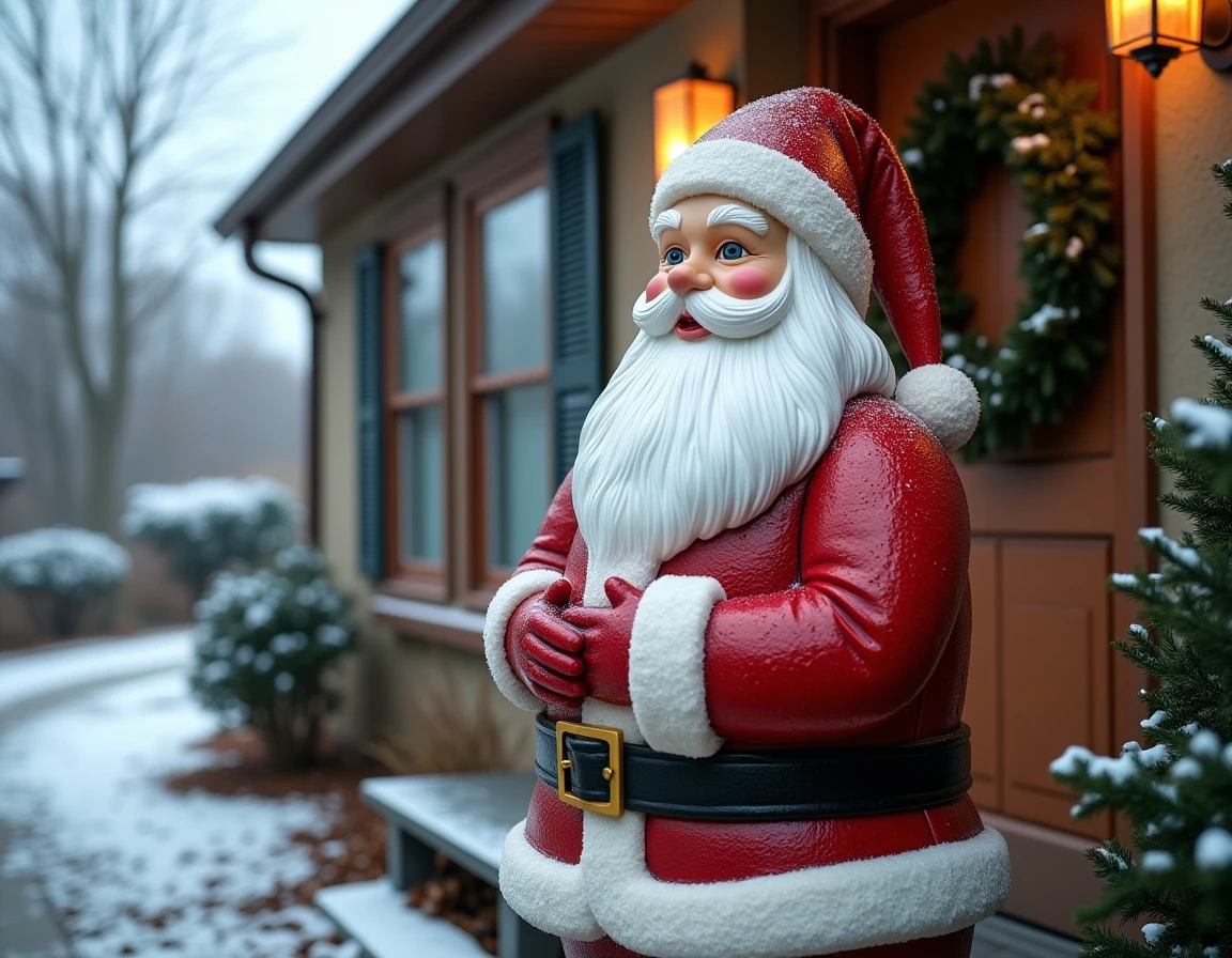 Décoration extérieure père Noël résistante en résine sur un porche enneigé sous la pluie