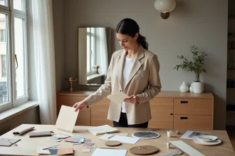 Décoratrice d'intérieur à Lille analysant des échantillons de matières et palettes de couleurs pour une mise en valeur immobilière avant revente