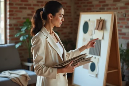 Décoratrice d'intérieur professionnelle tenant des échantillons de tissu dans un salon en cours de rénovation, illustrant le rôle du décorateur traditionnel