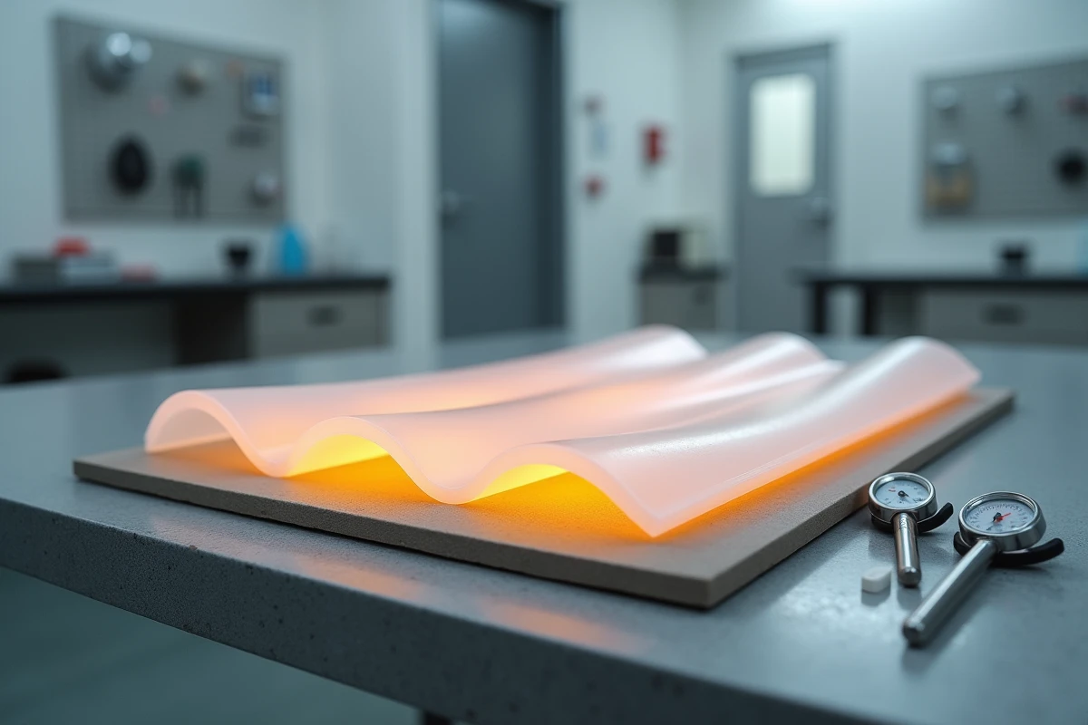 Gros plan sur une plaque de polycarbonate déformée par la chaleur lors d'un test de température maximale