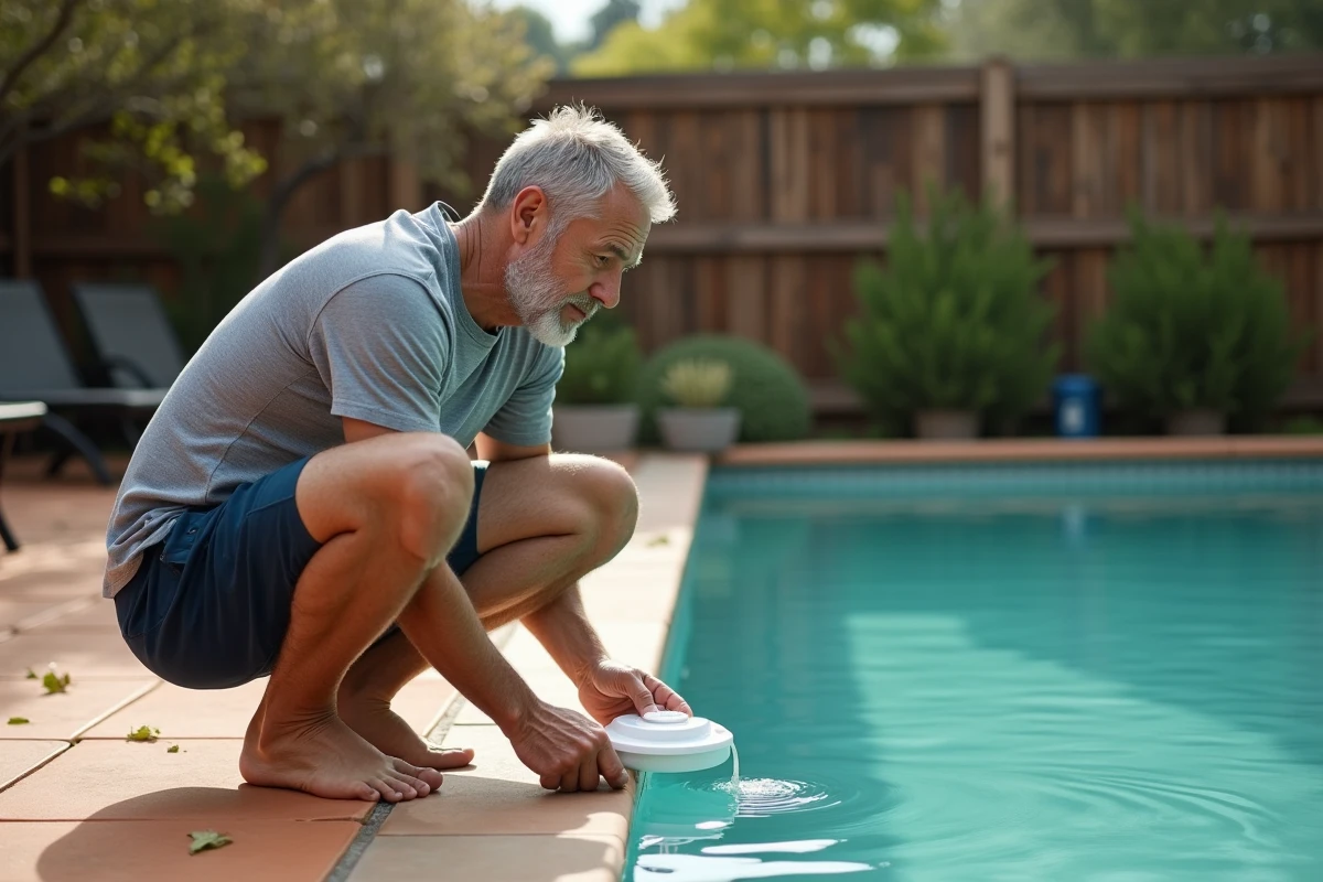 Homme entretenant sa piscine au printemps en ajoutant des pastilles de chlore dans un diffuseur flottant