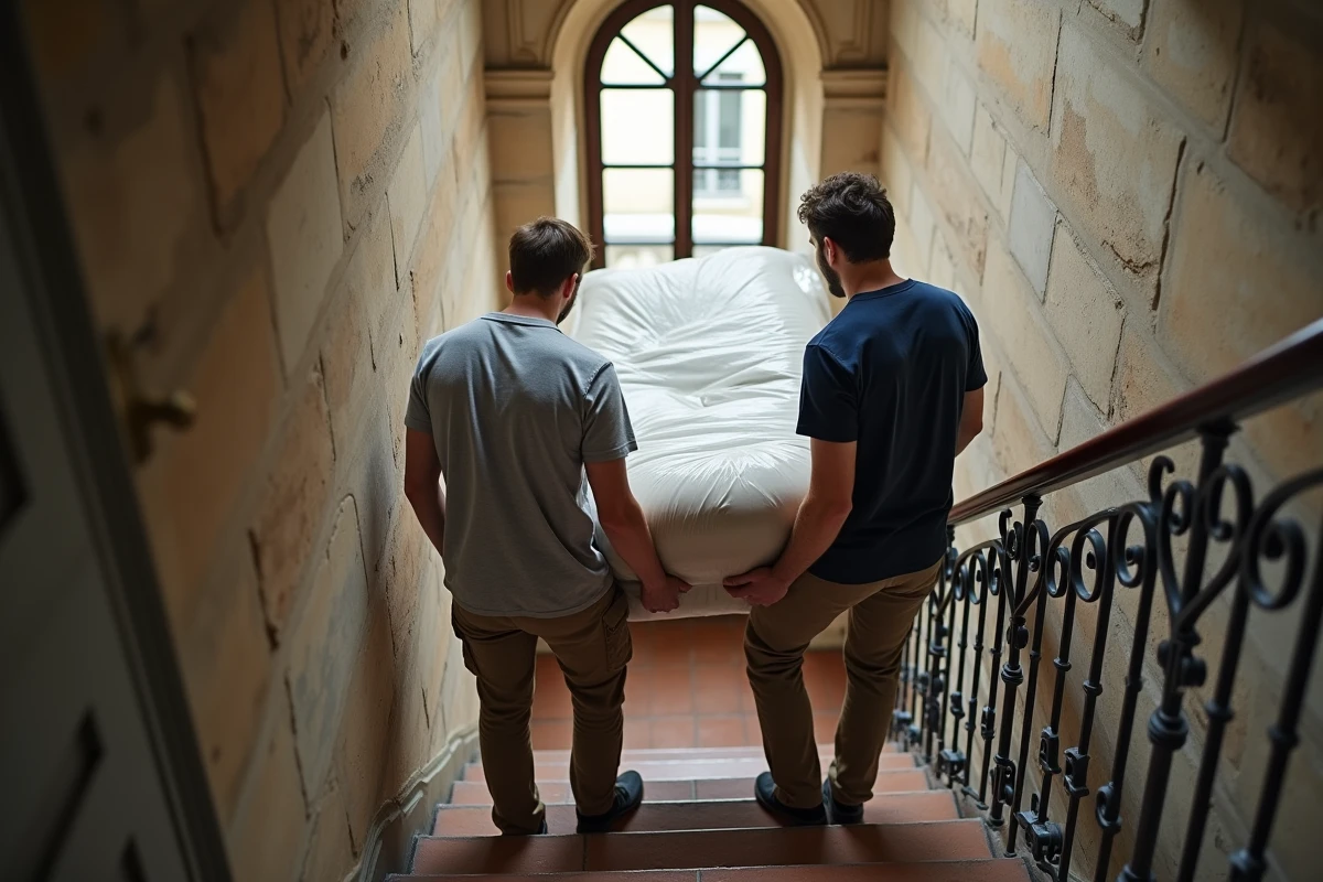 Deux déménageurs transportant un canapé emballé dans l'escalier d'un immeuble parisien
