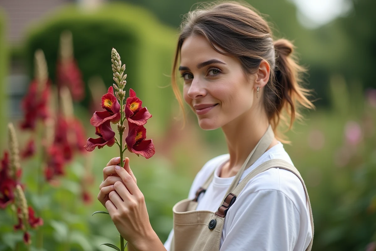 Femme montrant le mécanisme d'ouverture en gueule de chat d'une fleur de muflier bordeaux et jaune dans un jardin