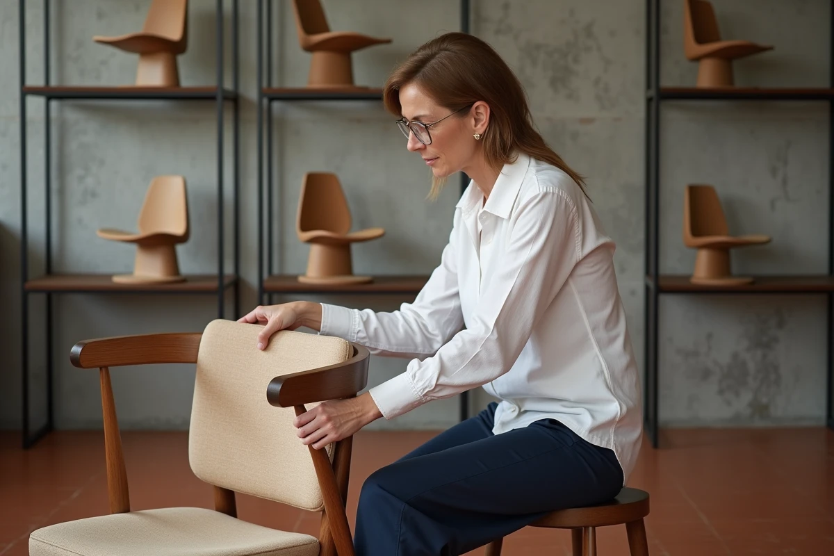 Designer évaluant la qualité d'une chaise en bois dans un atelier de design de mobilier