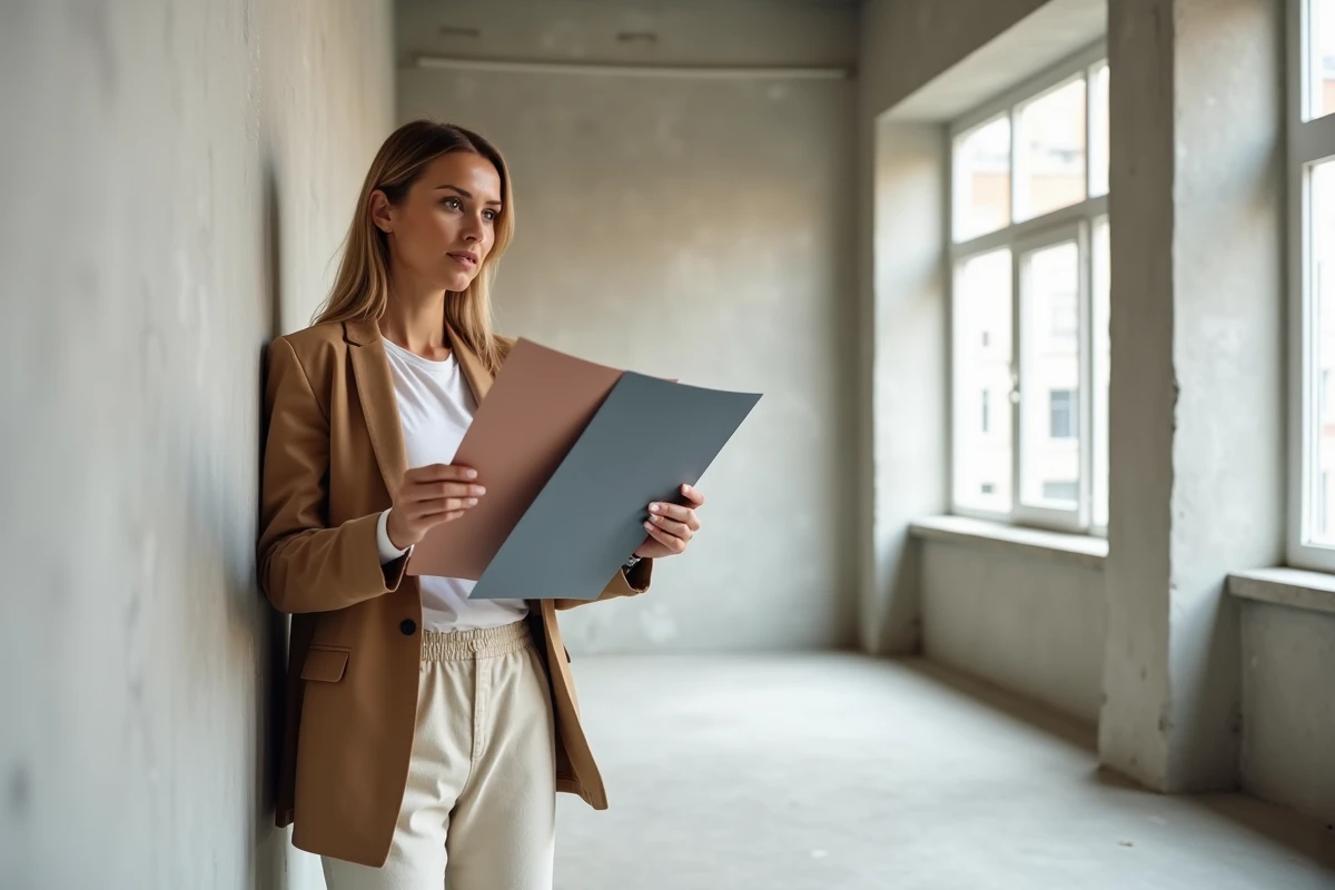 Designer d'intérieur comparant des nuanciers de couleurs tendance 2026 dans un appartement en rénovation