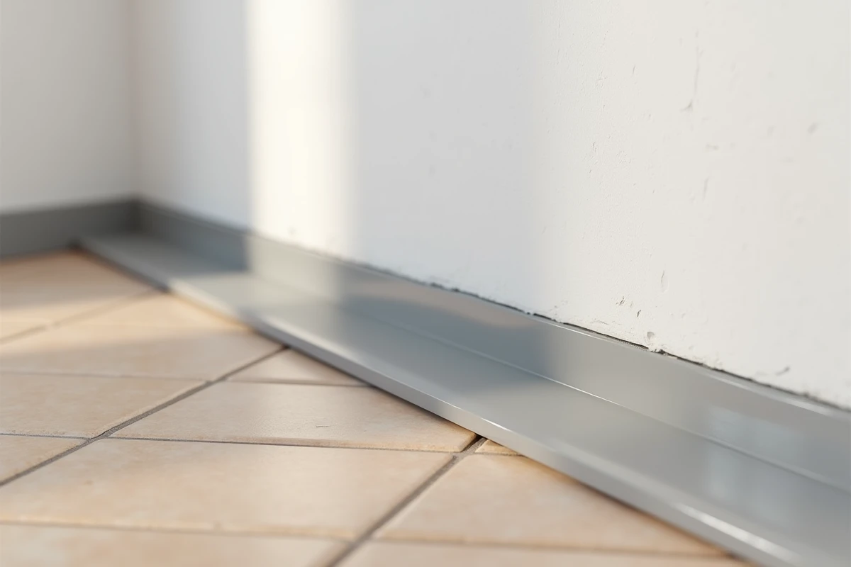 Détail d'une plaque de soubassement en matériau composite gris installée à la jonction entre un mur et un carrelage en chevron beige