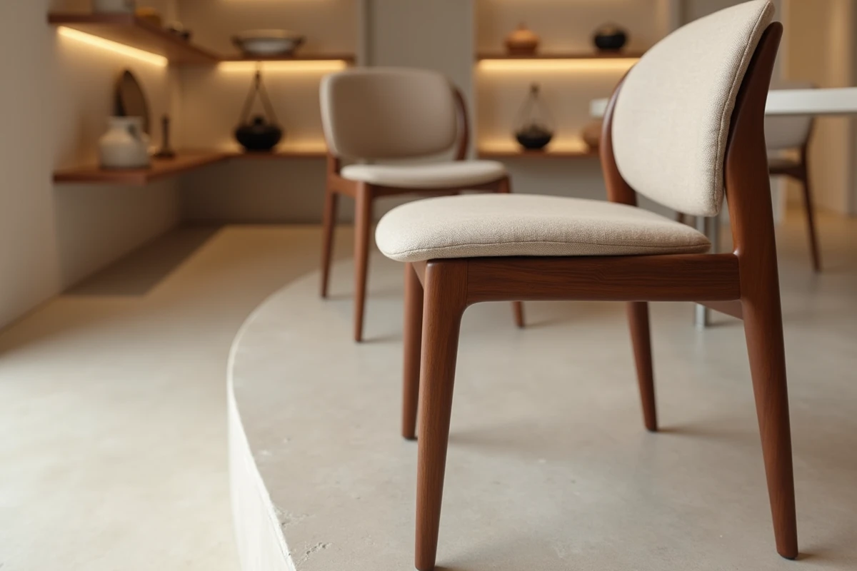 Détail de l'assemblage et du rembourrage d'une chaise en bois de noyer tapissée de lin dans une boutique de mobilier