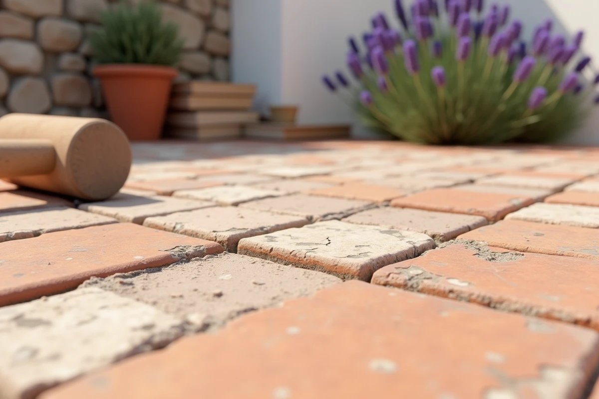 Détail de la zone de transition entre ancienne mosaïque de terrasse abîmée et nouveaux carreaux en cours de pose avec mortier
