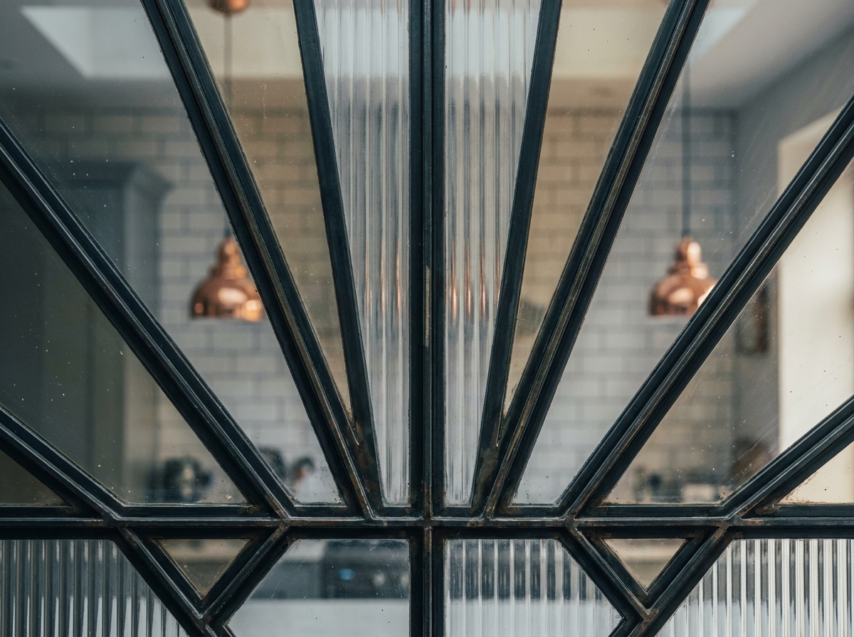Détail de menuiserie d'une verrière art déco avec profils en acier noir et panneaux de verre cannelé et teinté