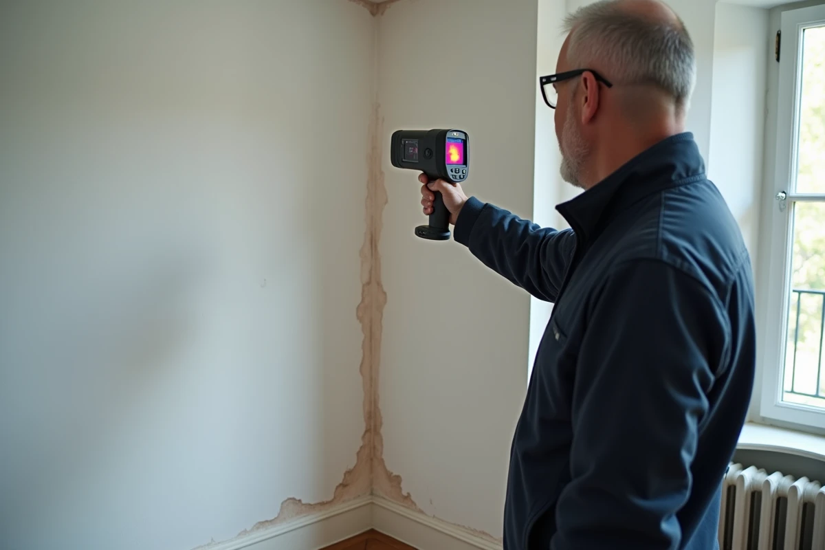 Inspecteur utilisant une caméra thermique pour détecter un pont thermique dans un angle de mur intérieur