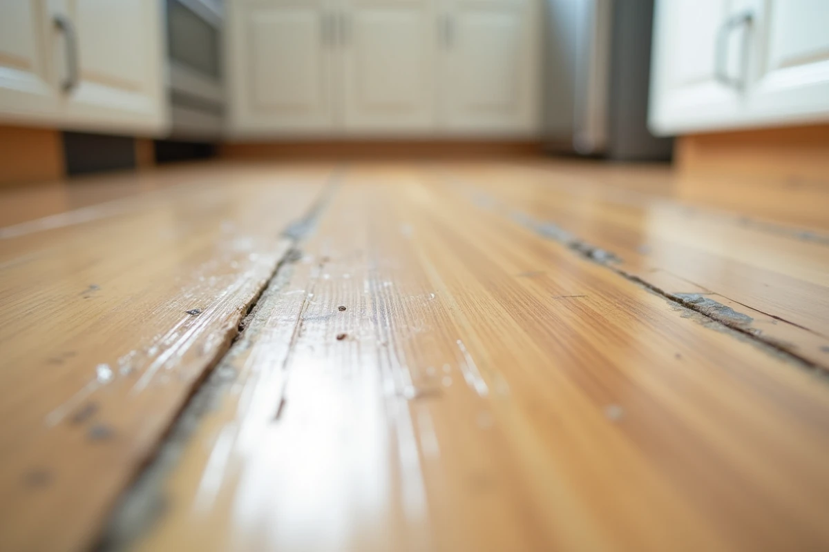 Plancher en bambou présentant des déformations et des taches d'humidité visibles, illustrant les inconvénients du parquet en bambou