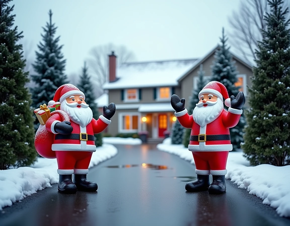 Deux décorations père Noël résistantes aux intempéries encadrant une allée enneigée