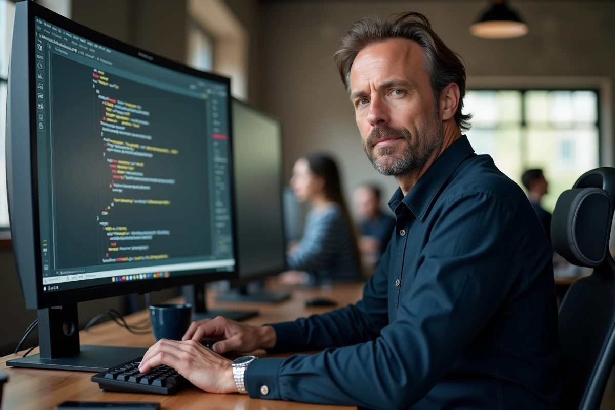 Développeur web centrant un tableau HTML sur un grand écran dans un bureau professionnel en open space