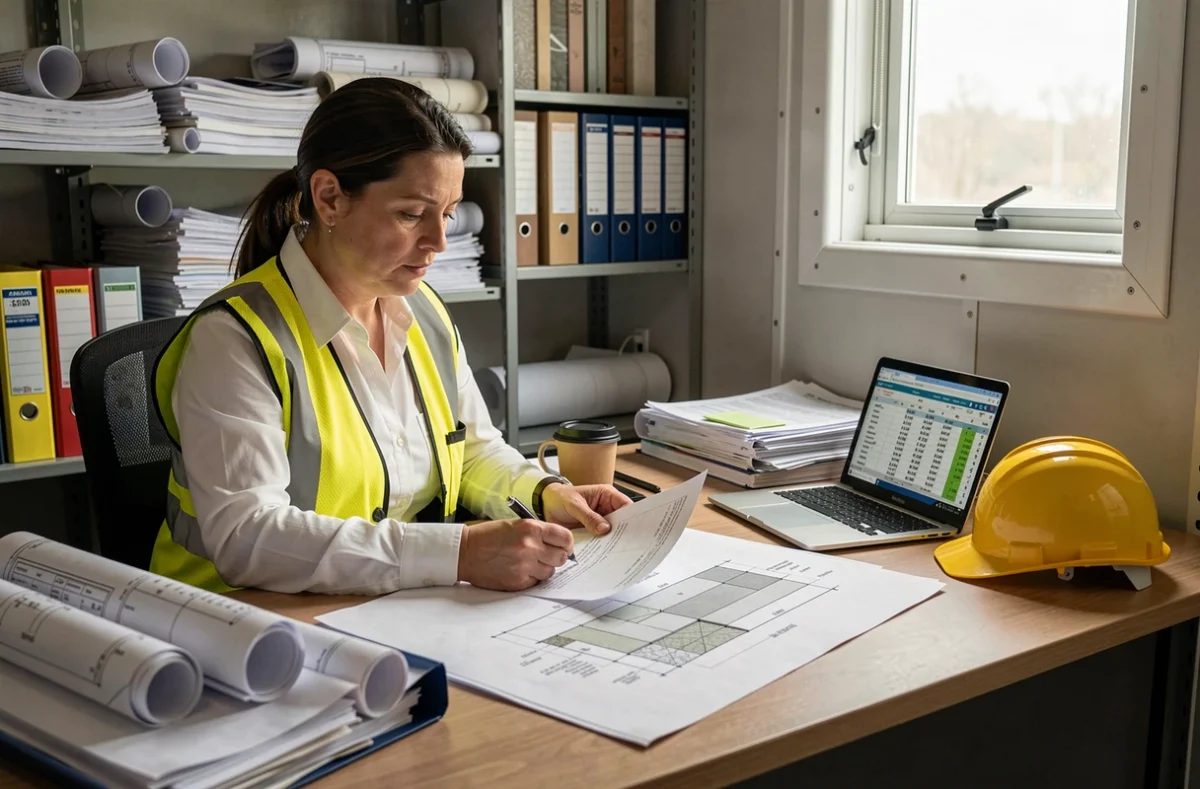 Cheffe de chantier analysant un devis de béton au m3 pour fondations de maison individuelle dans un bureau de chantier
