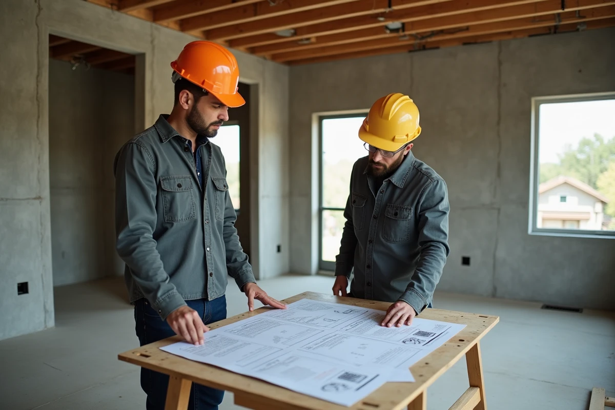 Architecte et entrepreneur examinant un devis de construction détaillé à l'intérieur d'une maison à deux étages inachevée