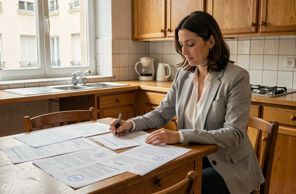 Diagnostiqueur immobilière vérifiant les documents de diagnostic de performance énergétique et de diagnostic amiante avant la vente d'un appartement
