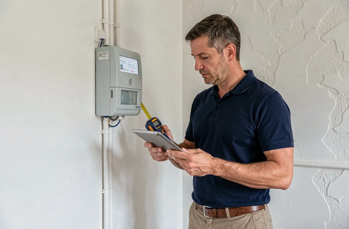 Diagnostiqueur immobilier professionnel inspectant un tableau électrique lors d'un diagnostic obligatoire avant vente
