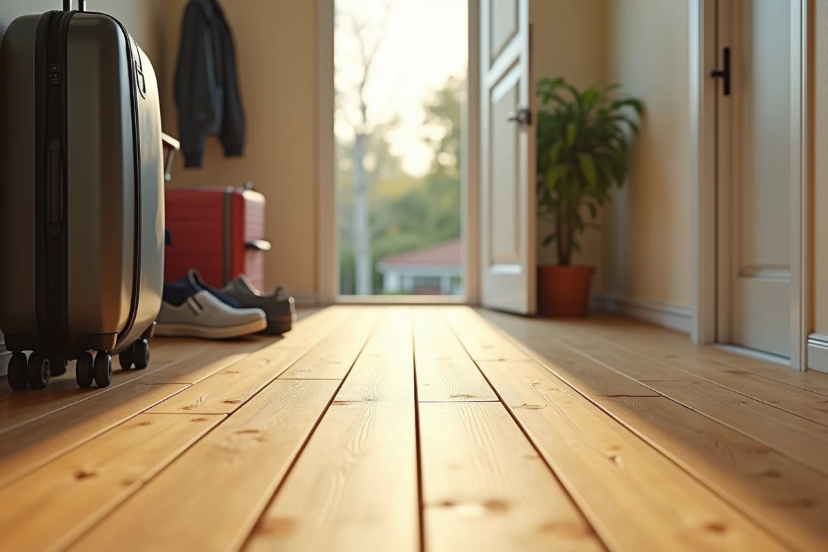 Entrée de maison avec parquet en bambou présentant des joints dilatés et des écarts entre les lames, révélant les problèmes de stabilité dimensionnelle