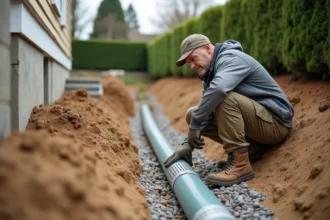 Système de drainage français installé en tranchée le long d'une fondation de maison en pente avec tuyau perforé et gravier filtrant