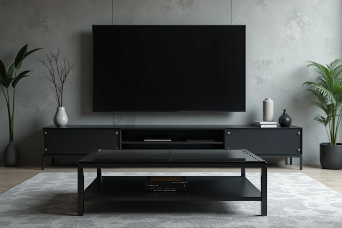 Duo table basse métal noir et verre trempé face à un meuble TV assorti pour un contraste de textures