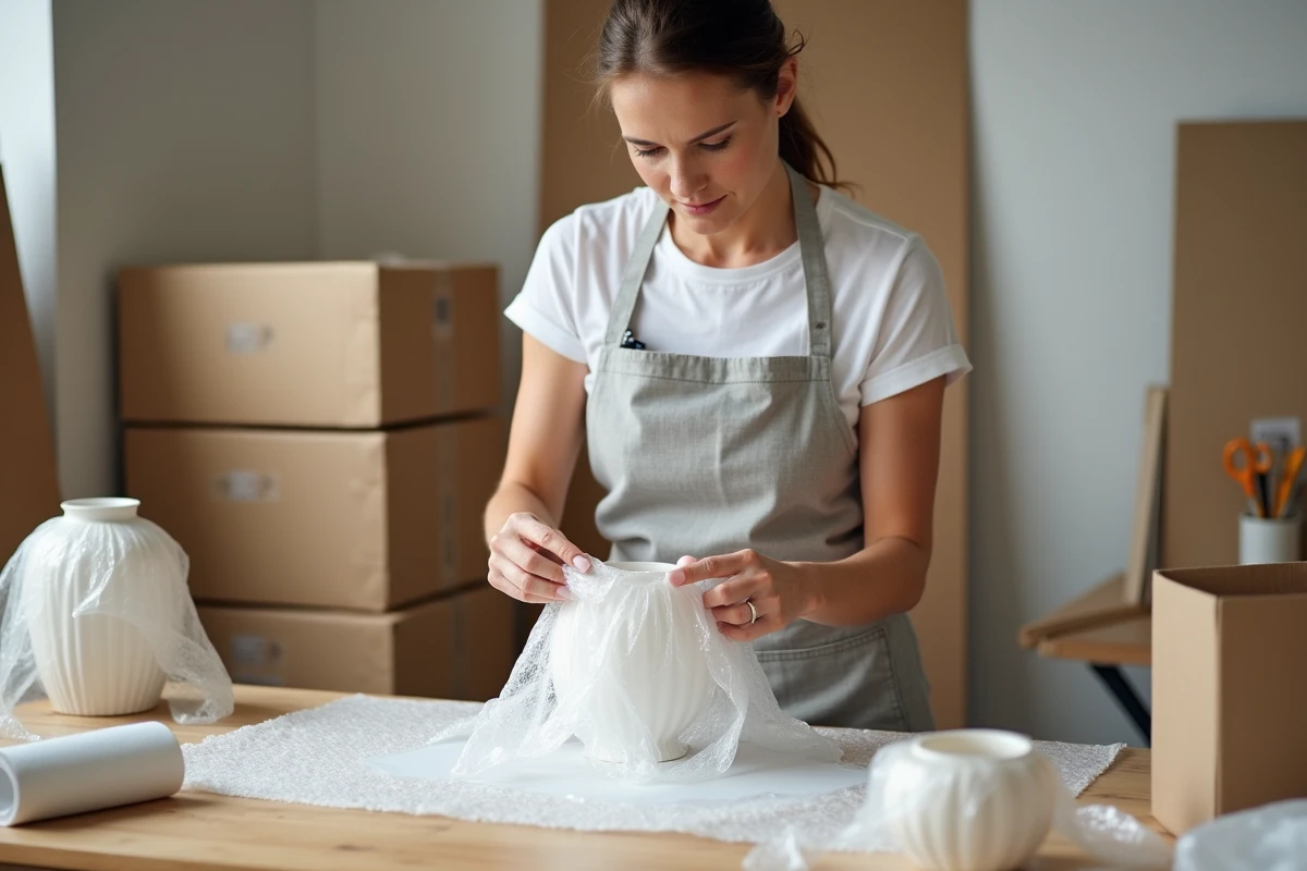Femme emballant un vase fragile avec du papier bulle sur une table d'atelier en bois, technique d'emballage optimal pour objets fragiles